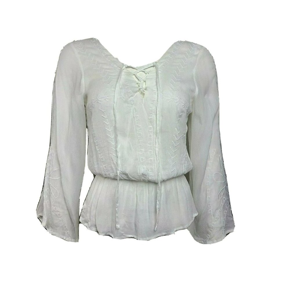 XOXO Solid All White Embroidered Long Sleeve‎  Chiffon Top Womens Size XS